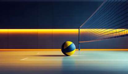 A volleyball net is in the background with a yellow and blue ball on the ground