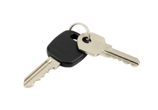 Isolated Pair of Metal Car Keys with Black Plastic Handle