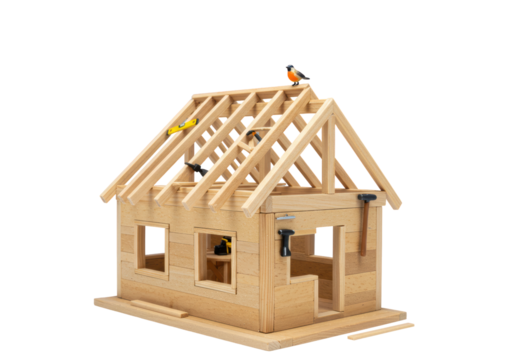 Isolated Miniature Wooden House Under Construction with Tools