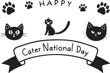 Happy National Cat Day with cute cat faces and paw prints silhouette isolated on a white background