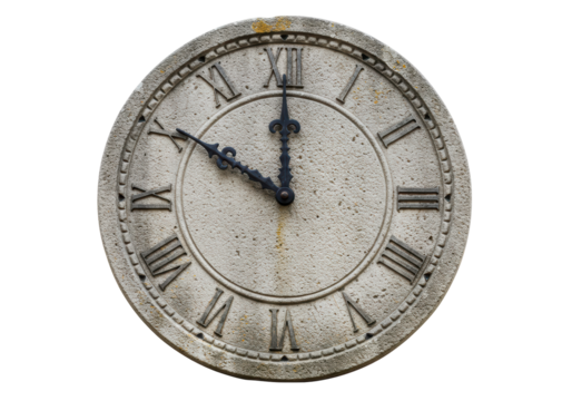 Isolated Weathered Stone Clock Face with Roman Numerals