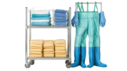 Cleaning supplies including stacked folded towels, rubber gloves, and waterproof boots organized on a metal cart with wheels.
