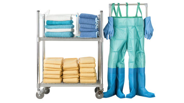 Cleaning supplies including stacked folded towels, rubber gloves, and waterproof boots organized on a metal cart with wheels.