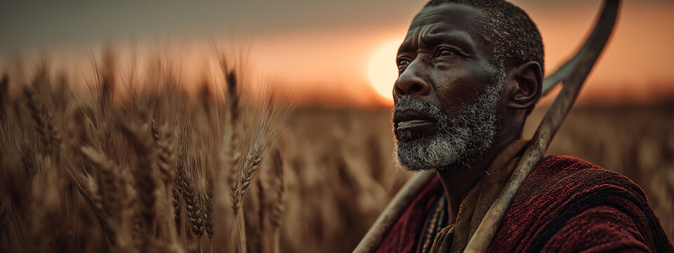 African farmer in wheat field at sunrise, holding sickle, detailed facial wrinkles, earthy tones. Editorial shot with medium format camera