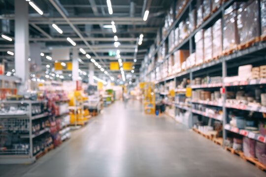 Fuzzy View of a Bricolage Shopping Hub: Aisles Stocked with Home Goods and Kitchen Essentials Illuminated by LED Lighting