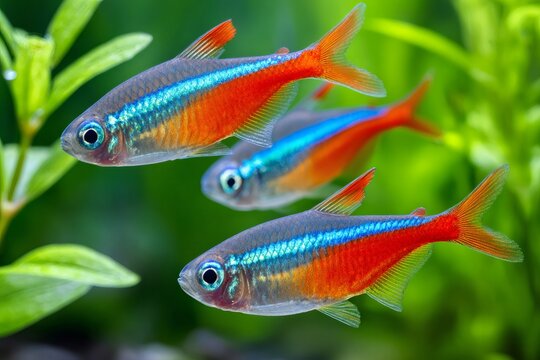 Cardinal tetra fish swimming in aquarium with green background