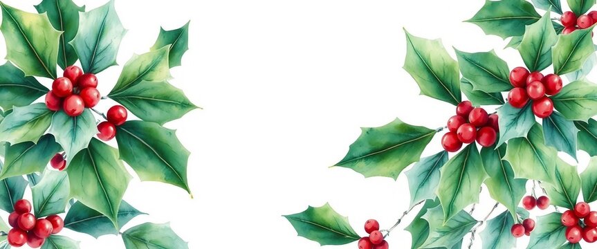 Aquarellillustration von Stechpalmenzweigen mit roten Beeren auf wei&szlig;em Hintergrund. Perfekt f&uuml;r Weihnachtskarten, Dekoration und Etiketten.