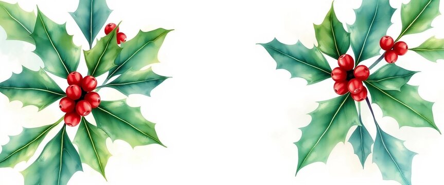 Aquarellillustration von Stechpalmenzweigen mit roten Beeren auf wei&szlig;em Hintergrund. Perfekt f&uuml;r Weihnachtskarten, Dekoration und Etiketten.