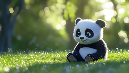 A cartoon panda bear is sitting on a grassy field