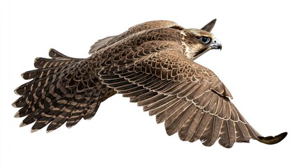 A falcon in flight against a white background