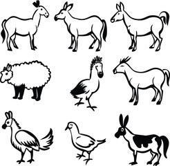 Vintage Farm Animals Vector Set – Hand Drawn Goat and Bird Illustrations in Black and White