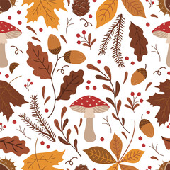 Autumn Seamless Pattern. Fall Background. Autumn Leaves, Fly agaric Mushrooms, Berries, Acorns, Chestnut. Maple, Oak, Chestnut Leaves. Vector Illustration in Yellow, Brown, Orange on White