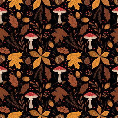 Autumn Seamless Pattern. Fall Background. Autumn Leaves, Fly agaric Mushrooms, Berries, Acorns, Chestnut. Maple, Oak, Chestnut Leaves. Vector Illustration in Yellow, Brown, Orange on Black