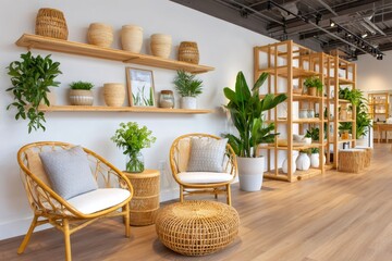 Fototapeta premium Modern living room decor featuring rattan furniture and lush greenery creating relaxing atmosphere