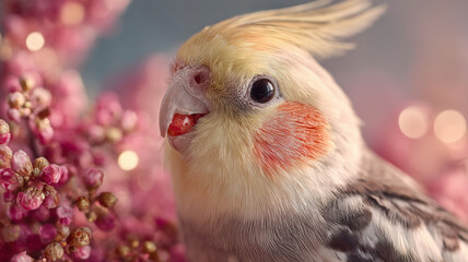 Obraz premium Colorful cockatiel enjoys a tasty fruit stick surrounded by blossoms