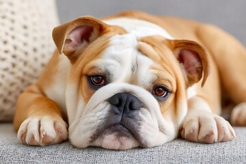 Fototapeta premium Portrait of an english bulldog relaxing on sofa