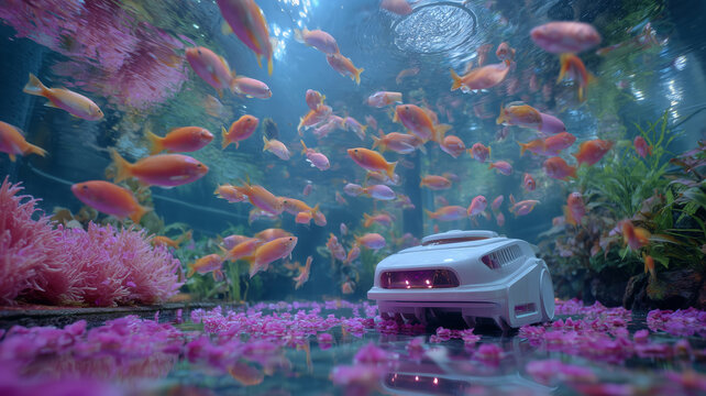 Aquarium cleaning robot interacts with colorful fish underwater