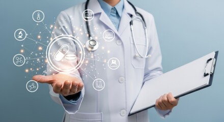 A doctor presenting medical data and technology for healthcare innovation and treatment