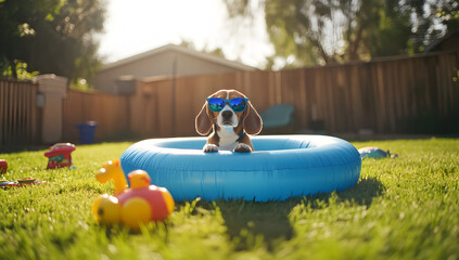 A dog is wearing sunglasses and sitting in a blue inflatable pool