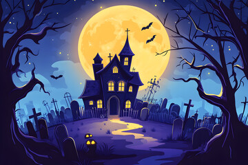A Halloween themed drawing of a house with a large moon in the background