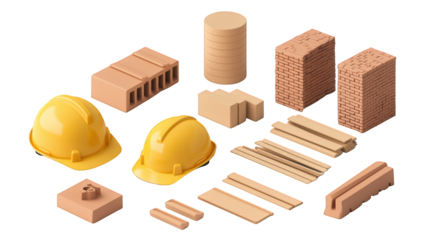 Two yellow construction helmets surrounded by various bricks, blocks, and wooden planks arranged neatly.