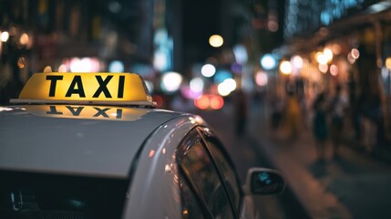 The illuminated taxi sign glowing in a bustling city at night