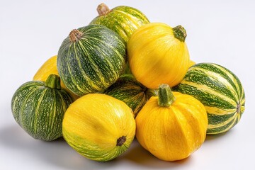 Vibrant Display of Mixed Raw Yellow and Green Zucchini on a Crisp White Background