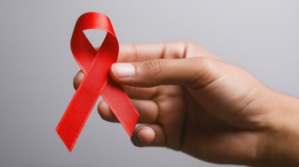 The hand holding a red ribbon symbolizing health awareness and support.