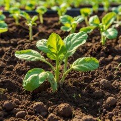 A group of potato plants with one that has a green leaf on it