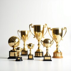 Fototapeta premium Trophy awards realistic images on shelf composition of golden cups