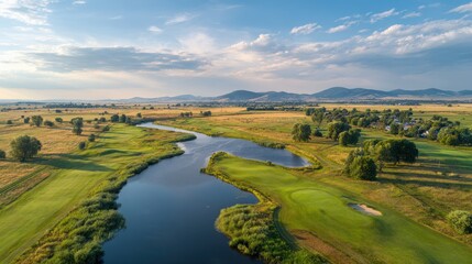 Breathtaking Aerial Perspective of Summer Golf Links Showcasing Lush Greens, Bunkers, and Scenic Water Features