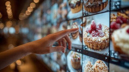 Hand interacts with digital screen to select delightful pastries in a cafe