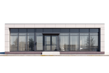 Front view of a single small office building isolate cutout on transparent background