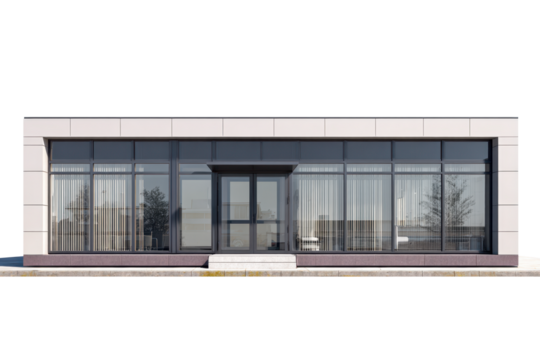 Front view of a single small office building isolate cutout on transparent background