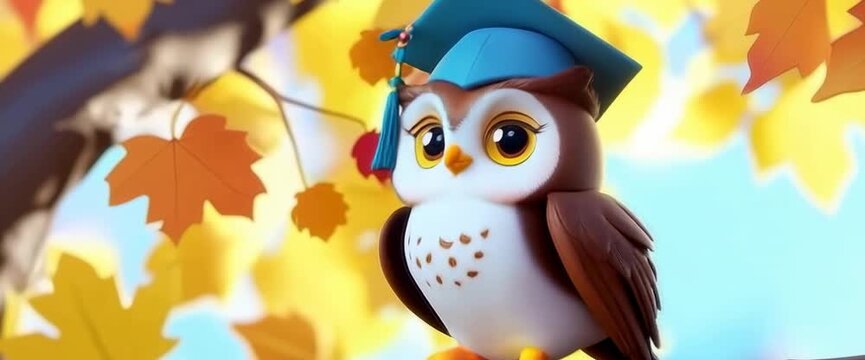 A cartoon owl wearing a graduation cap sits on a tree branch. The image has a playful and educational mood, as it represents the idea of learning and achievement