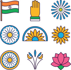 Indian flag Ashoka Chakra hand lotus flower and abstract floral elements vector