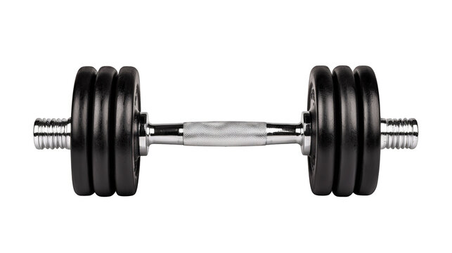 A black adjustable dumbbell with multiple weight plates on each side and a textured chrome handle for grip.