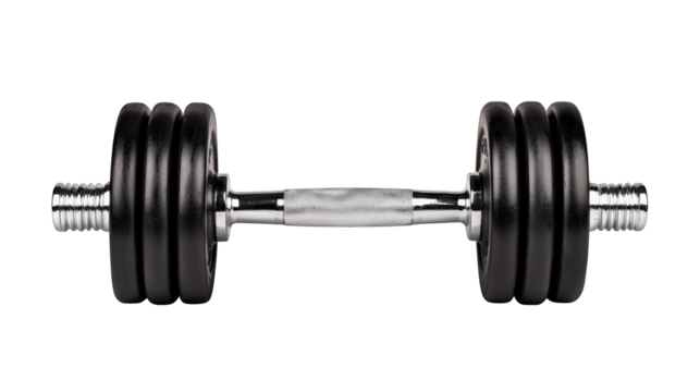 A black adjustable dumbbell with multiple weight plates on each side and a textured chrome handle for grip. - Powered by Adobe
