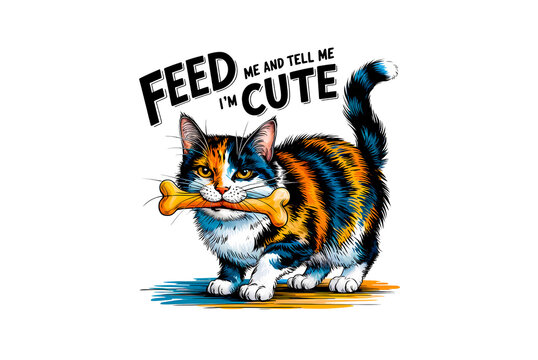 A cute calico kitten with a bone in its mouth wants you to feed it and tell it its cute isolated on transparent background