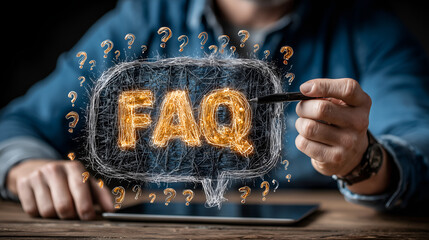FAQ concept: A person uses a pen to write in a digital FAQ bubble.  The golden FAQ is surrounded by many question marks, indicating that the answer is readily available.