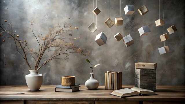 Elegant Still Life with Books Vases and Suspended Cubes on Wooden Table