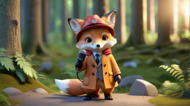 A cartoon fox is standing in front of a tree. The fox is smiling and he is happy