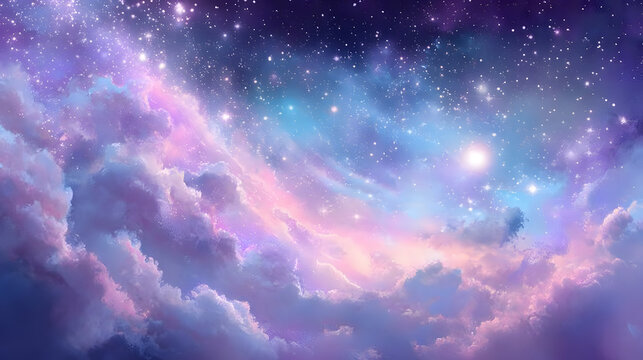 Beautiful fantasy starry night sky, blue and purple colorful, galaxy and aurora 4k wallpaper. cosmic watercolor illustration. Colorful space background with stars