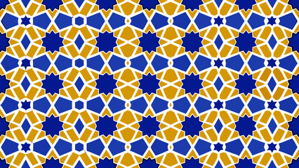 Intricate geometric pattern with blue stars and yellow shapes isolated on transparent background