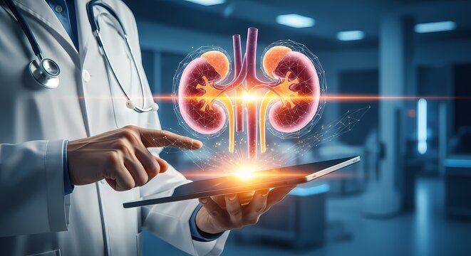 Doctor with Kidney Hologram on Tablet Technology