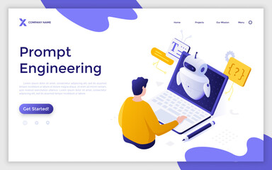 Naklejka na ściany i meble Man working on laptop with AI assistant. Prompt Engineering landing page isometric template. Structuring instruction for learning generative AI model creative 3d vector illustration for web page