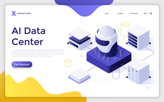 Robot head with mechanical brain connected to servers. AI Data Center landing page isometric template. Accommodate intense computational demands creative 3d vector illustration for web page