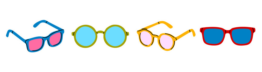 Set of colorful eyeglasses and sunglasses with different shapes and lenses on white background. Collection of modern and retro eyewear illustrations.