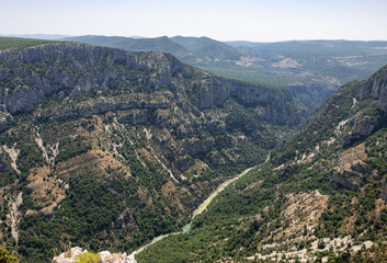 Fototapeta premium Breathtaking views from The Route des Crêtes on the Gorges du Verdon a deep, steep canyon formed by the Verdon River located in the Alpes-de-Haute-Provence region of Southeastern France.