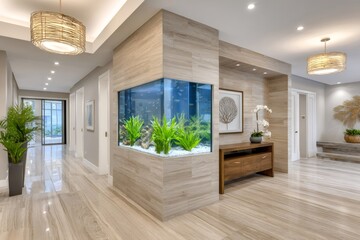 Modern hallway with large aquarium and travertine flooring